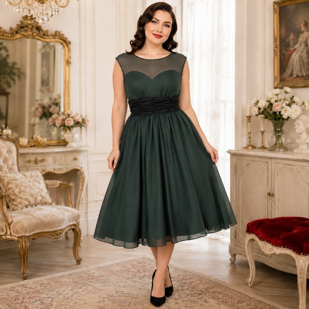 Lindy Bop Hunter Green Illusion Tea Length Retro Boned Bodice NWT- L